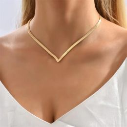 Mode coréenne plat serpent chaîne à chevrons collier pour femmes bijoux charme fête tour de cou 14k or jaune collier fête cadeau Collares Para Muje