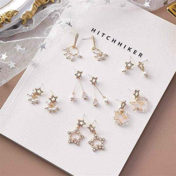 Boucles d'oreilles en cristal pour femmes, cercle géométrique, mode coréenne, tempérament étoile, perle, strass, Long pendentif, bijoux lustre