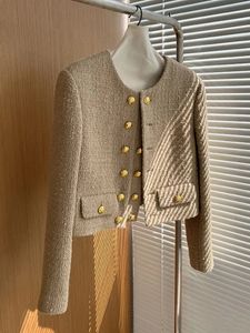 Koreaanse Mode Gouden Double Breasted Tweed Korte Jas Jas Vrouwen Vintage Herfst Winter Kantoor Pak Wollen Bovenkleding 240113