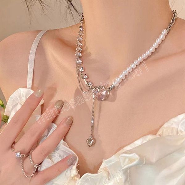 Mode coréenne Goth rose coeur pendentif perle strass couture collier pour femmes fille mariage fête bijoux accessoires