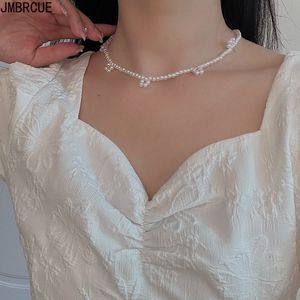 Koreaanse mode imitatie parel bloem choker kettingen voor vrouwen vintage hand geweven kraal kwast geometrische ketting femme sieraden Y0420