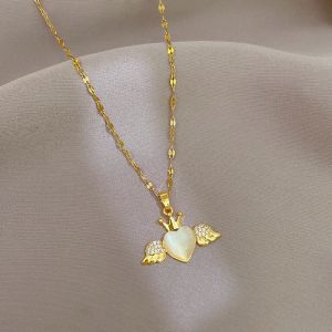 Mode coréenne revenu opale coeur pendentif 14k collier en or jaune pour les femmes personnalité ailes d'ange coeur collier bijoux cadeau 2024