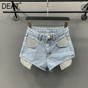Koreaanse mode ijzeren boor a-line wide poot broek lek pocket waslampje blauw jeans shorts vrouwen zomer gx469 210421