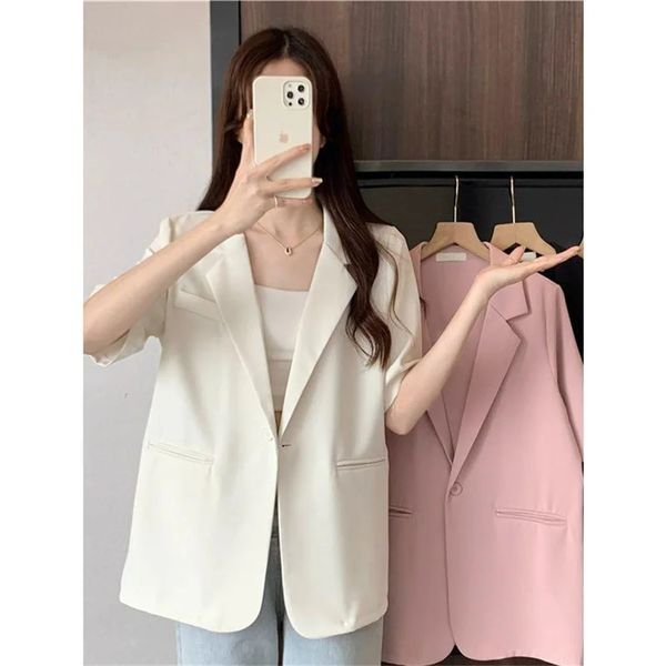 Corée Fashion Lady Thin Blazer Femmes Summer Single Bouton Blazers Females Vestes Coats Casual Solid Short Sleeve Basic 240417