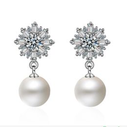 Koreaanse Mode Luxe Parel Hanger Oorknopjes voor Vrouwen Sneeuwvlok Shining Crystal CZ Zirkoon bling diamant zoete bloem oorbellen oorbel Oor Ringen Sieraden