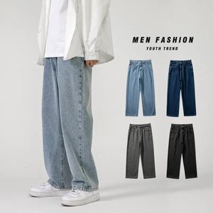 Koreaanse mode heren baggy jeans klassiek allemaal effen kleur rechte pijp denim wijde pijpen broek mannelijk lichtblauw grijs zwart 231228