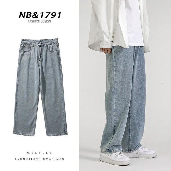 Mode coréenne hommes Baggy jean classique tout-match couleur unie jambe droite Denim pantalon large mâle bleu clair gris noir 240122