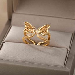 Koreaanse mode opening zirkoon vlinder ringen voor vrouwen vintage gouden sliver kleur dier vleugels vinger ringen boho sieraden bague g1125