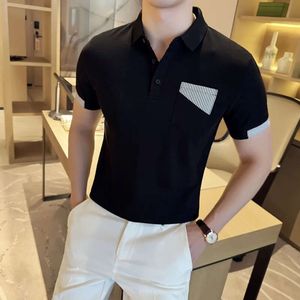 Koreaanse mode patchwork poloshirt voor heren korte mouwen casual poloshirts slim fit sociale kantoor revers tee tops herenkleding