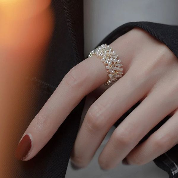 Mode coréenne perle Zircon ouvert anneaux réglables pour femme fête filles inhabituelles 14k bague en or jaune saint valentin cadeau bijoux Anillos Mujer