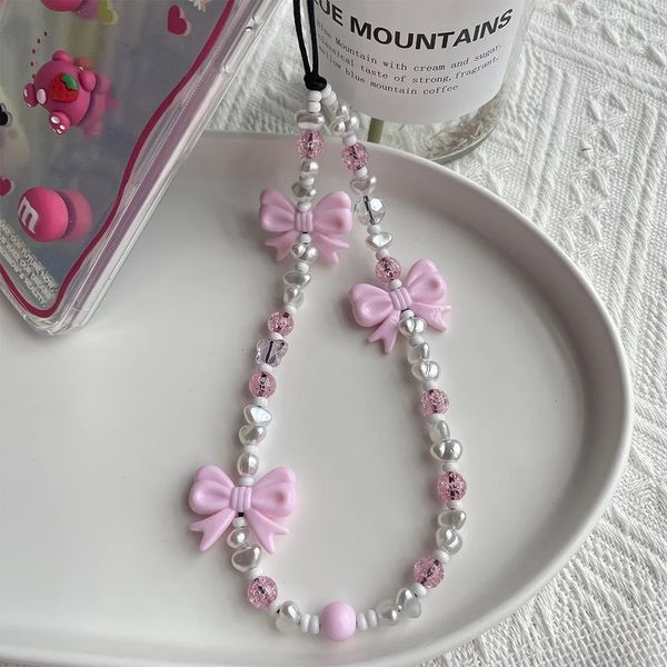 Moda coreana Pink Bowknot Phone Charm Cadena de cuentas de perlas de imitación para la caja del teléfono Correas móviles lindas Accesorios Y2K al por mayor 240321