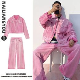 Moda coreana Pink Denim Set hombres Primavera Autumn Solid Color Denim Coatjeans Unisex Y2K Ropa Harajuku Sets 240412