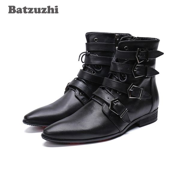 Moda coreana punta estrecha invierno hombres botas negro cuero genuino botas cortas hombre motocicleta militar botas hombre seguridad