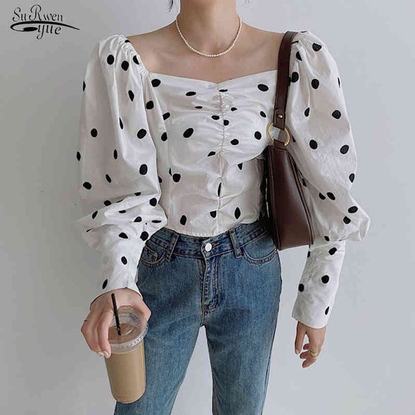 Moda coreana Lunares Blusas de manga larga de soplo Blusa vintage Camisa casual Mujeres Primavera Cuello cuadrado Blanco Negro Tops 14338 210521