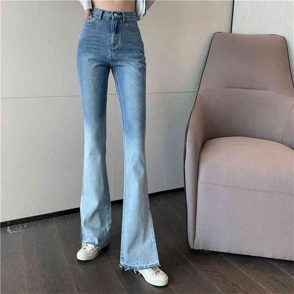 Mode coréenne rétro Hong Kong Style Split fonds de cloche lâche cheveux bord dégradé couleur-changeant jeans style mode 210412