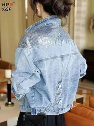 Koreaanse Mode Pailletten Pocket Denim Jas Voor Vrouwen Vintage Revers Enkele Breasted Blauw Jean Jas Streetwear Allmatch Bovenkleding 231227