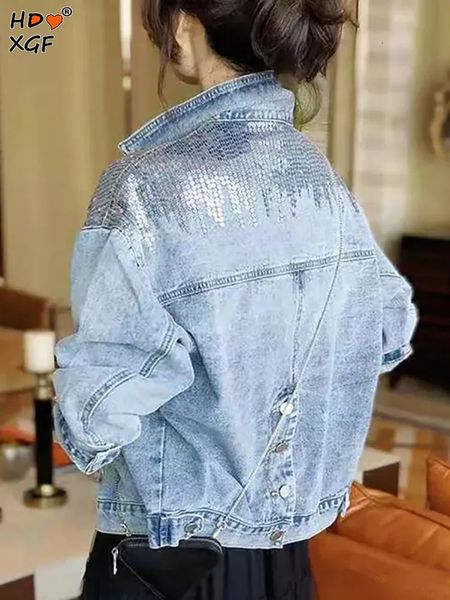 Mode coréenne paillettes poche Denim veste pour femmes Vintage revers simple boutonnage bleu Jean manteau Streetwear tout-match vêtements d'extérieur 240301