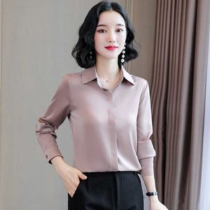 Moda coreana Seda Mujeres Blusas Satén Camisa de manga larga y blusa Office Lady Blusas Largas Plus Tamaño Otoño Tops para mujer 210531