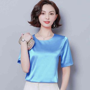 Koreaanse mode zijden vrouwen blouses satijnen korte mouw roze shirts plus size XXXL / 4XL S TOPS en dames 210427