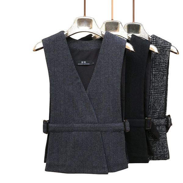 Mode coréenne Slim Printemps Gilet de laine pour femmes élégante ceinture rayée vêtements d'extérieur sans manches Femme Casual manteau court Veste Femme 201028