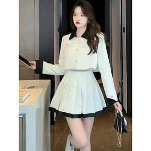 Koreaanse mode kleine geurpak vrouwen patchwork temperament top geplooide rok zoete pocket aristocratische herfst tweedelige set 240425