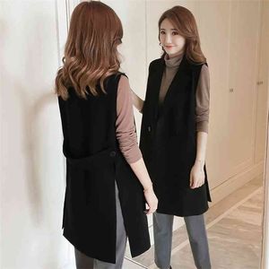 Koreaanse mode split lange dames vest lente elegante zwarte mouwloze jas vrouwelijke massief vest vesten vesten Colete 210817