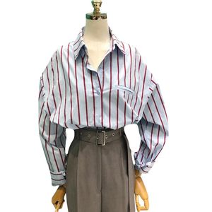 Koreaanse mode gestreepte vrouwen knooppunten shirts blouses lente lange mouw dames tops comfortabele blusas mujer 210514