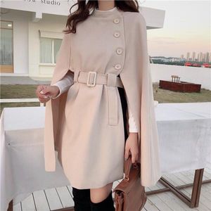 Koreaanse mode-stijl Solid Color Losse Kaapjas Verzamel Taille Wollen Medium Lange Vrouwen Winter Tops voor Women Wol Mengsels