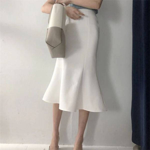 Faldas de verano a la moda coreana, falda larga elegante blanca ajustada de cintura alta con diseño de sirena para mujer, falda envolvente con volantes en la cadera para oficina para mujer