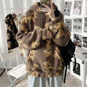 Moda coreana Oso de peluche Sudaderas con capucha Jerseys Hombre Harajuku Sudadera casual suelta Otoño Todo fósforo Sudaderas Pareja Ropa W220221