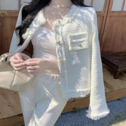 Mode coréenne Tweed veste dames tempérament boutons blanc vêtements d'extérieur femmes de haute qualité français Vintage Streetwear manteau court 240219