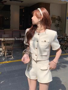 Corée de la mode en tweed coréen Deux morceaux Ensemble de veste à manches courtes et élégants 2 séries de tenues 240516