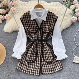 Mode coréenne deux pièces robe ensemble col rabattu couleur unie simple boutonnage haut costume sans manches mince ceinture à carreaux robe tenues 2023