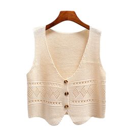 Korean Fashion V Neck Losse mouwloze trui Vest Vrouwen gebreide uitgeholled uit een enkele borsten kort vest vrouwelijk Kniwear 220812