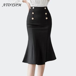 Korean Fashion Vintage High Taille Stretch Mermaid Rooks For Women Classic Buttons Office Lady Bodycon Wrap Black Midi 240418