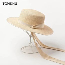 Koreaanse mode brede rand met flat-top riemen schat gras stro hoed dames buiten vakantie hoogwaardige zondesigner stijl 240423