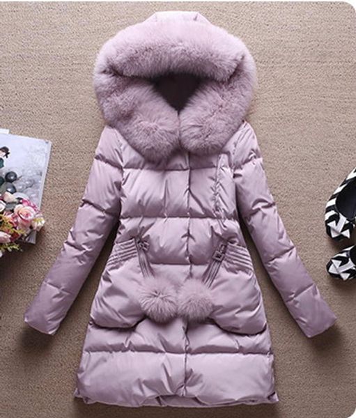 Moda coreana Invierno nuevas mujeres grandes piel de zorro real con capucha pato blanco abajo abrigo parka largo medio casacos color caramelo más tamaño SMLXL