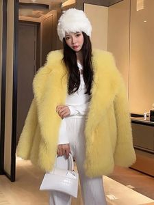 Moda coreana Invierno Invierno Faux Fox Chaqueta de piel Mujer Cardigan Luxury Mid Long Lapel Fal Fur Coat Damas Caats