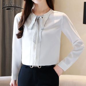 Mode coréenne femmes vêtements élégant blanc à manches longues chemises solide arc en mousseline de soie Blouse dames hauts 8486 50 210427