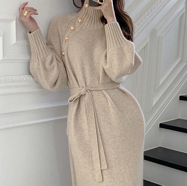 Corée Fashion Femmes Automne Hiver Coutre-coulé lâche Sabilles à manches longues Pull en tricot Maxi Long Robe décontractée Couleur solide