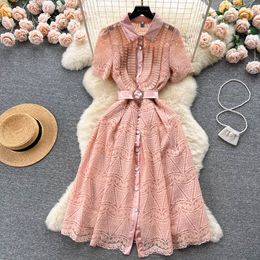 Robes décontractées français célébrité a-ligne robe femmes été nouvelle mode ajouré broderie simple boutonnage princesse fête vêtements Vestidos 2023