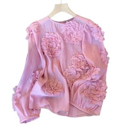 Moda coreana mujer nuevo diseño cuello redondo manga larga 3D flores patchwork color rosa dulce blusa camisa tops SMLXLXXL