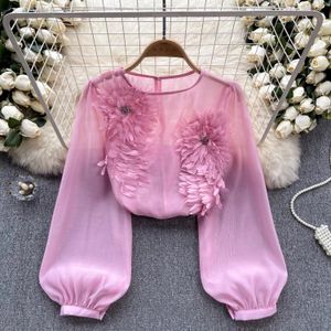 Korean Fashion Women's New Design O-Neck 3d Flowers Patchwork Pink Work Proze kleur Sweet Blouse Shirt Tops