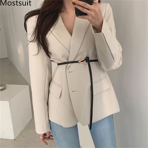 Koreaanse mode vrouwen pak blazer jas veer gordel volledige mouw gekweekte kraag kantoor werkkleding vrouwelijke jas femme 210513