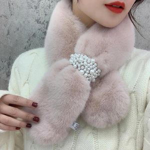 Coréen femelle doux fausse fourrure de lapin croix perle foulards hiver peluche épaissir coupe-vent chaud cou garde Faux col écharpe O51 240110