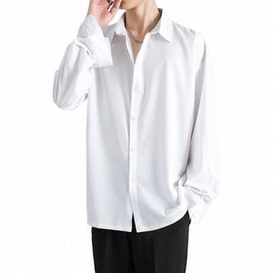 Coréen Fi Drapé Lâche Hommes Chemises Casual Lg Manches Butt Mâle Blouse Blanc Noir Gris G5XF #