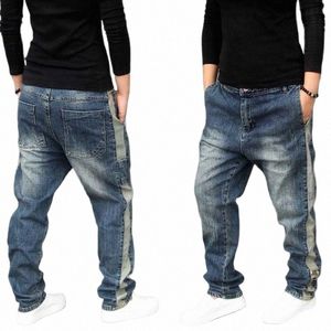 Koreaanse Fi Elastische Harem Jeans Zijstreep Mannen Casual Losse Baggy Drop Crotch Denim Joggers Broek Hip Hop Broek Kleding j7aa #