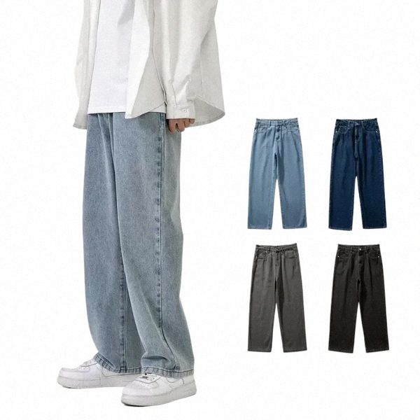Coréen Fi Hommes Baggy Jeans Classique Tout-match Couleur Unie Jambe Droite Denim Pantalon Large Mâle Bleu Clair Gris Noir 49Cs #