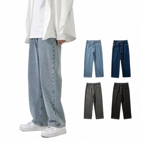 Coréen Fi Hommes Baggy Jeans Classique All-Match Couleur unie Denim à jambe droite Pantalon à jambe large Homme Bleu clair Gris Noir H5uv #