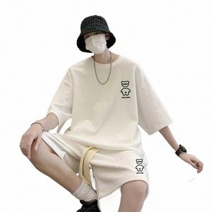 Coreano Fi Hombres Conjuntos cortos Hip Hop Rock Casual Traje corto Oso divertido Camisetas Pantalones cortos Conjunto de 2 piezas Chándal de verano Hombres 2023 Nuevo 08nQ #